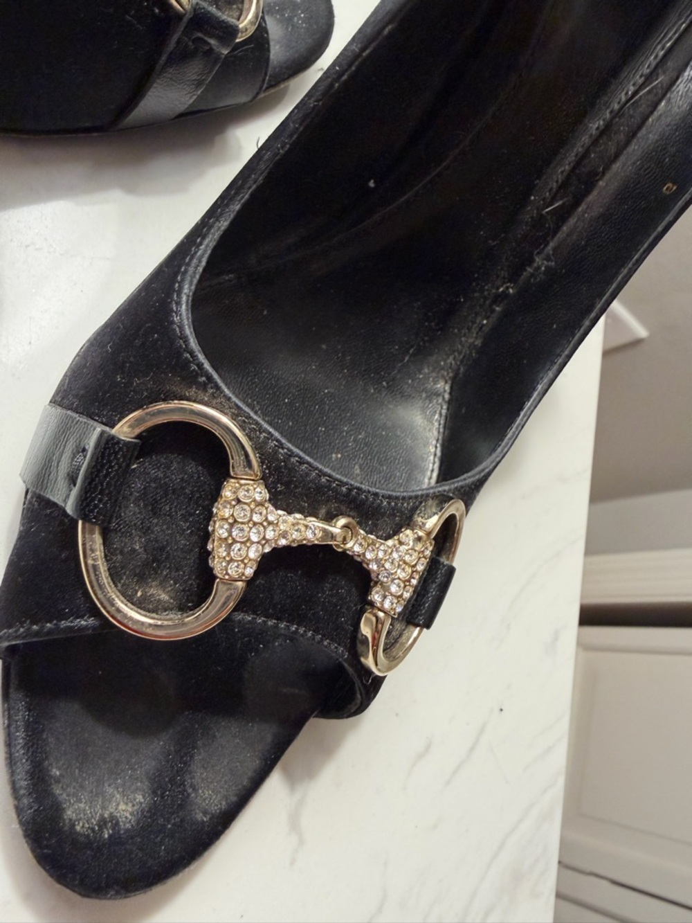 Gucci Black Open-Toe Stiletto Heels with Crystal-Embellished Horsebit - Picture 2 of 9